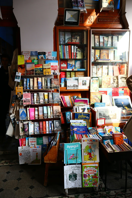 Books displayed on shelves in a store.
